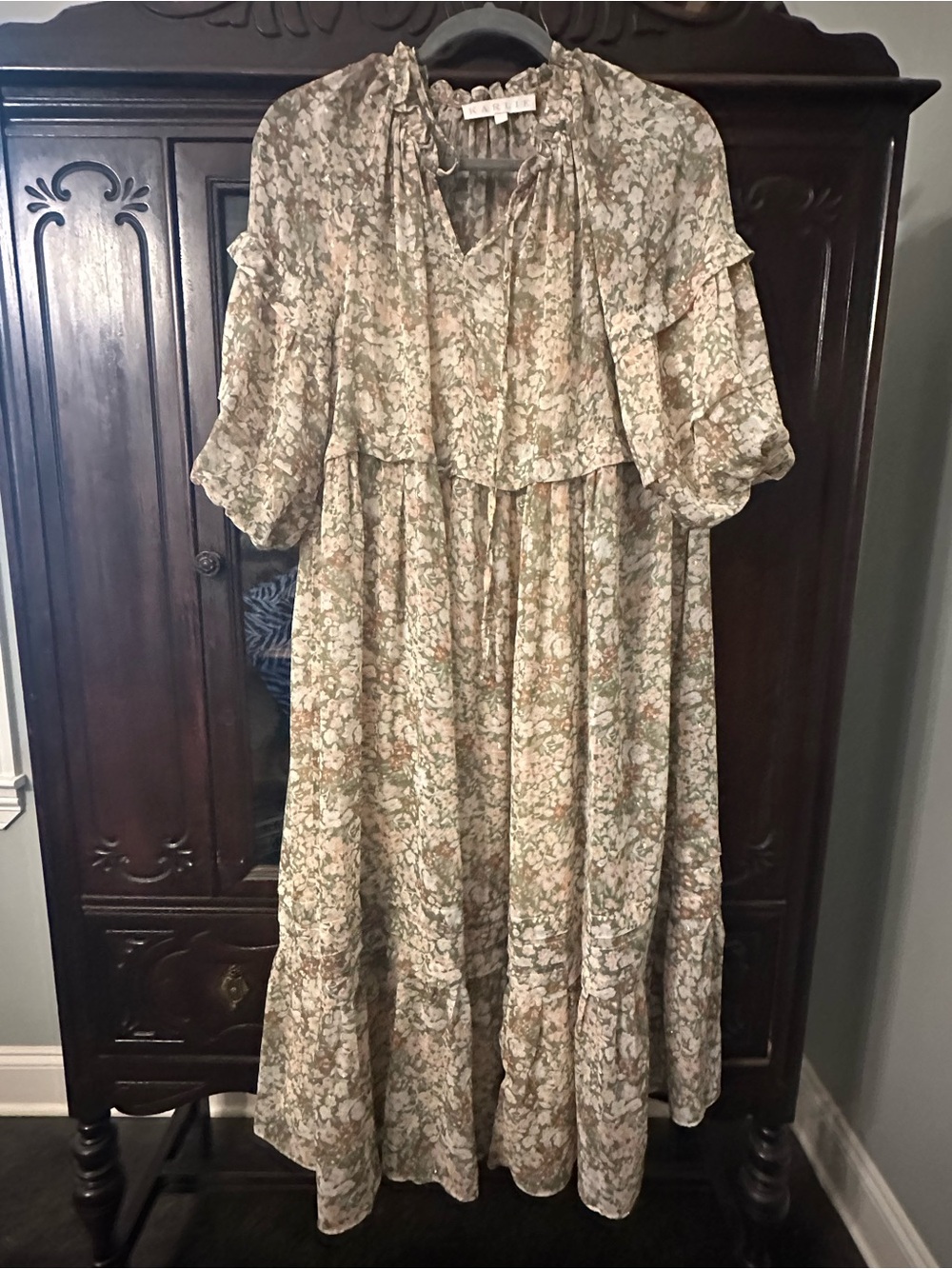 Karlie Floral Ruffle Maxi Dress - Cream, Green, Pink